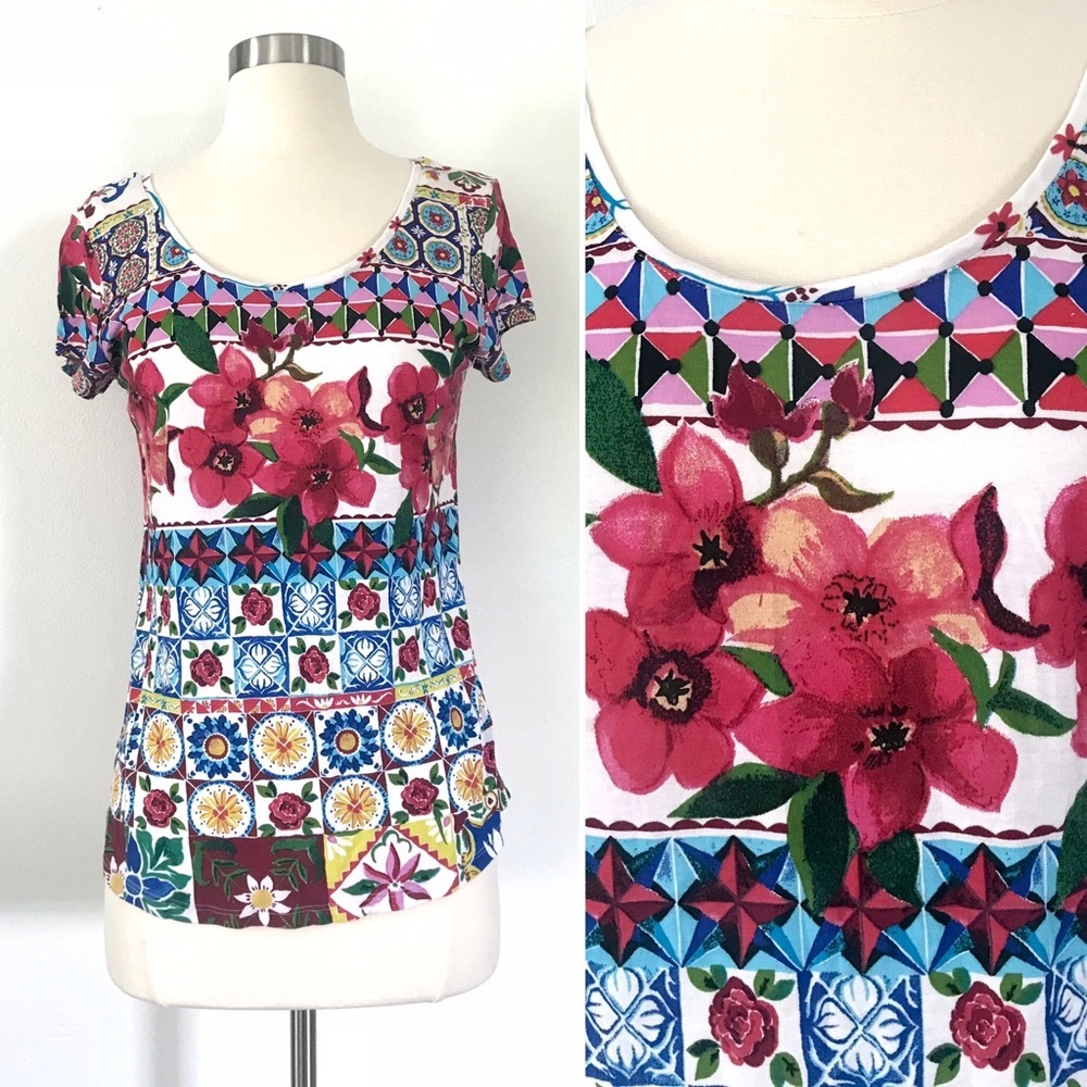 Desigual floral abstract rainbow scoop neck tshirt tee